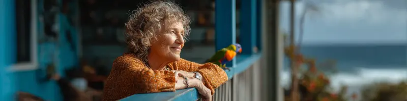 a woman and a rainbow lorikeet on a balcony