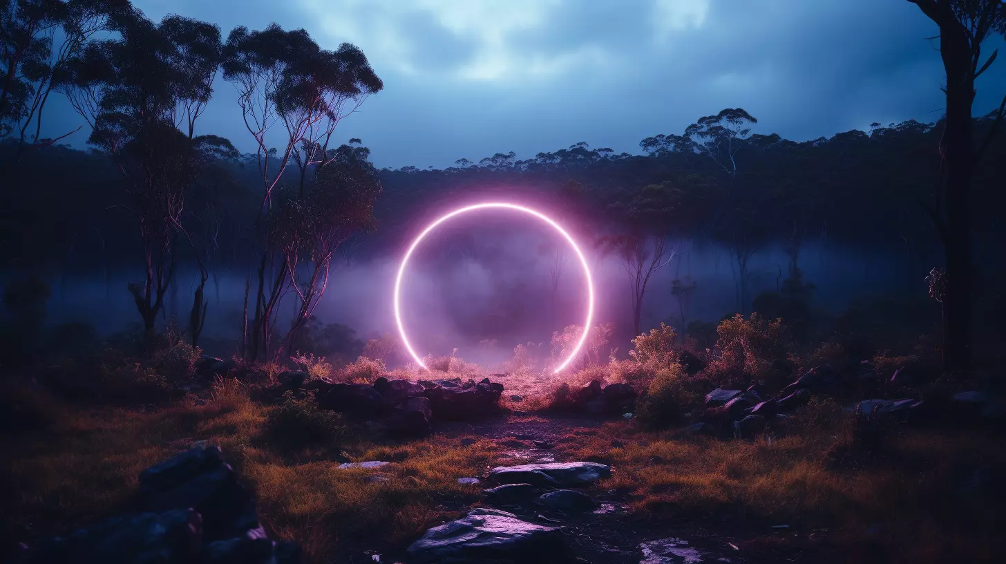 A neon portal at the top of a mountain