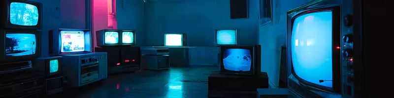 TVs glowing in a dark room