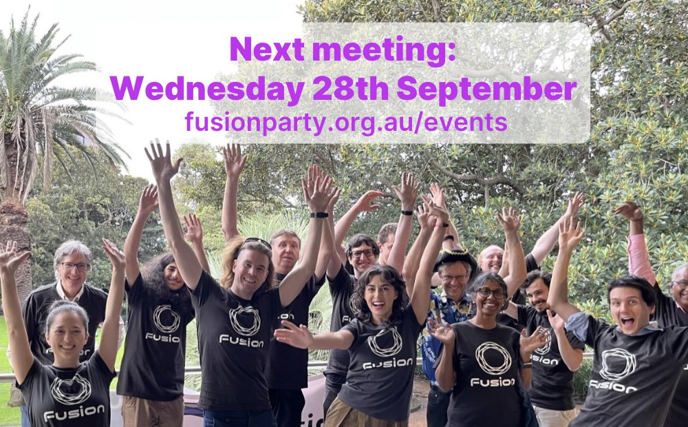 A photo of Fusion members with the caption next meeting Wednesday 28th September